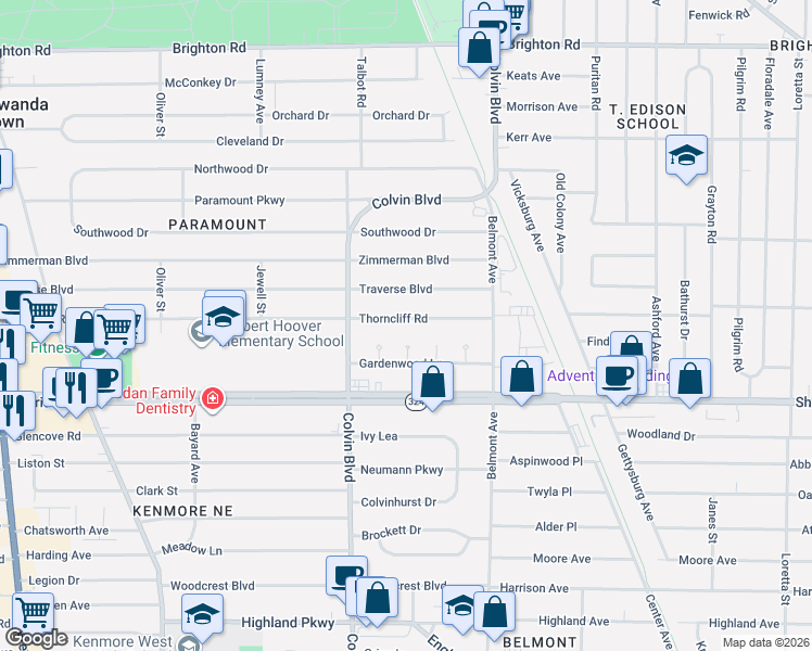 map of restaurants, bars, coffee shops, grocery stores, and more near 18 Summerwood Court in Buffalo