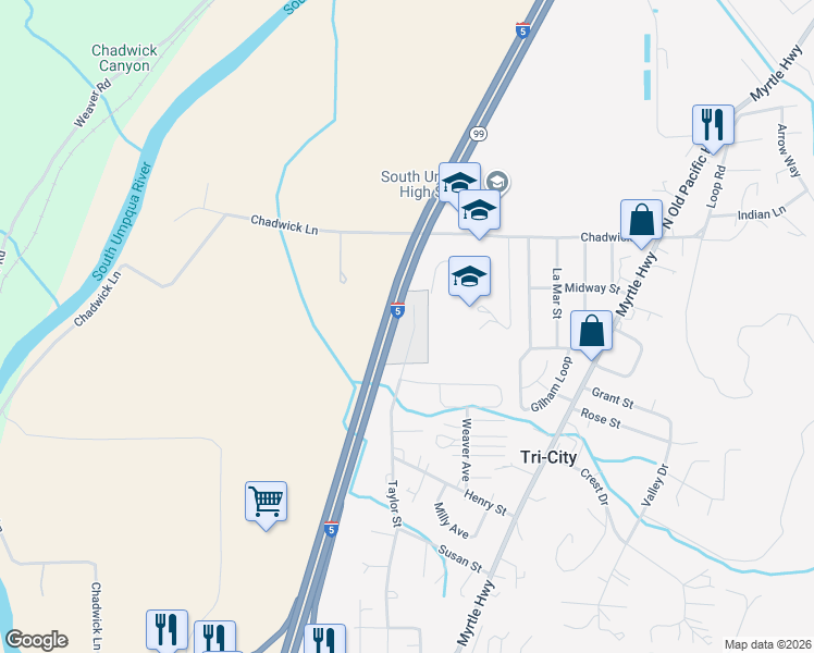 map of restaurants, bars, coffee shops, grocery stores, and more near 239 Taylor Street in Myrtle Creek