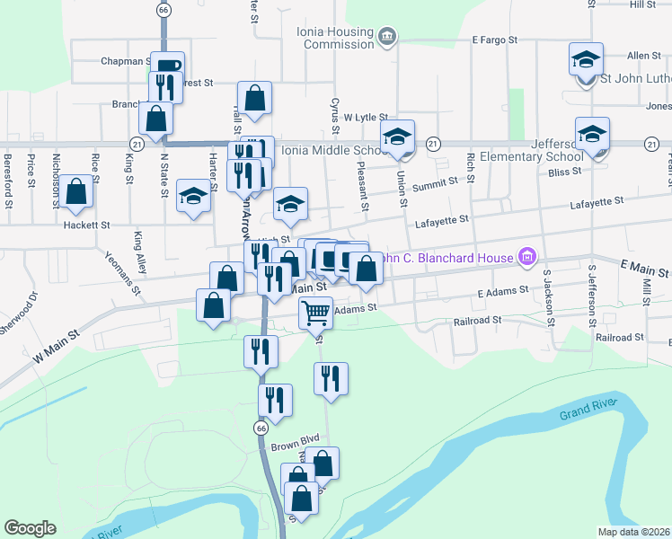 map of restaurants, bars, coffee shops, grocery stores, and more near 318 West Main Street in Ionia