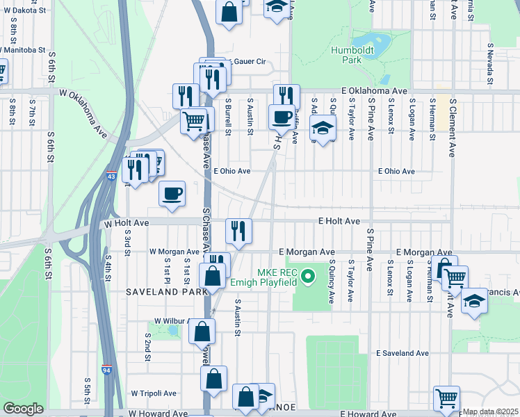 map of restaurants, bars, coffee shops, grocery stores, and more near 3395 South Whitnall Avenue in Milwaukee