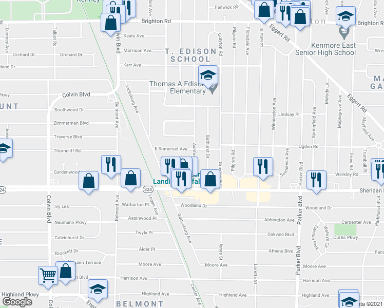 map of restaurants, bars, coffee shops, grocery stores, and more near 165 East Somerset Avenue in Tonawanda