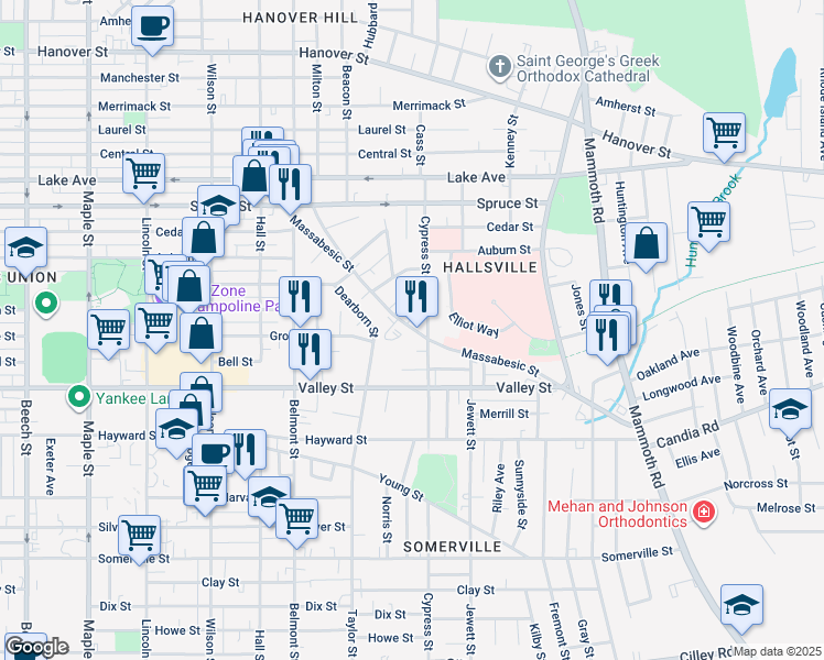 map of restaurants, bars, coffee shops, grocery stores, and more near in Manchester