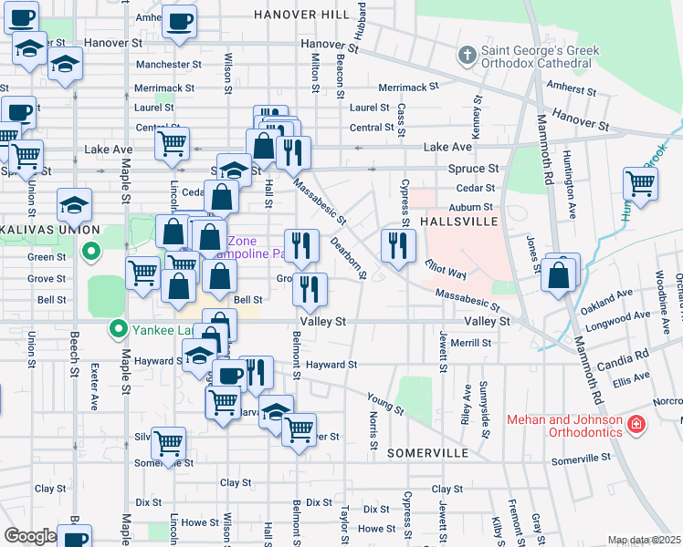 map of restaurants, bars, coffee shops, grocery stores, and more near 759 Grove Street in Manchester