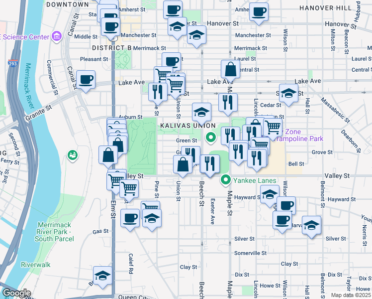 map of restaurants, bars, coffee shops, grocery stores, and more near 233 Grove Street in Manchester