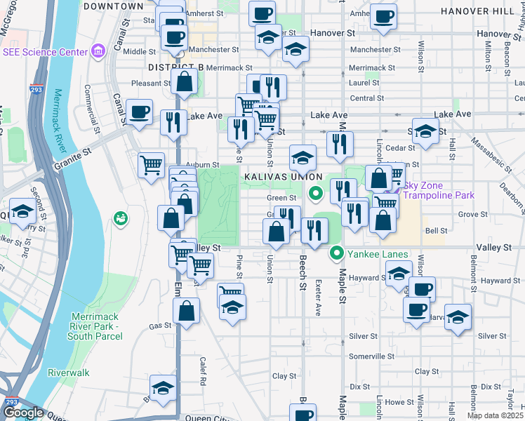 map of restaurants, bars, coffee shops, grocery stores, and more near 181 Grove Street in Manchester