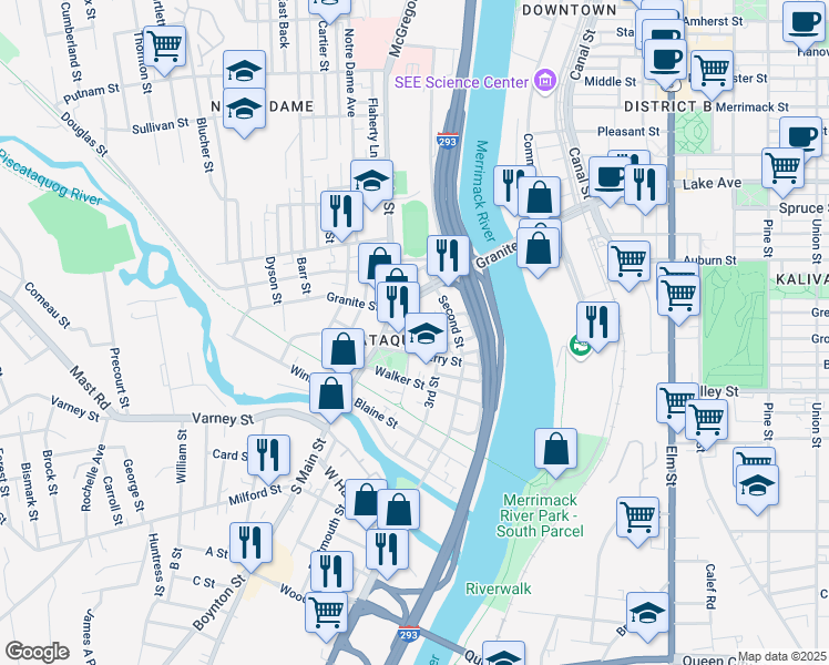 map of restaurants, bars, coffee shops, grocery stores, and more near 129 Ferry Street in Manchester