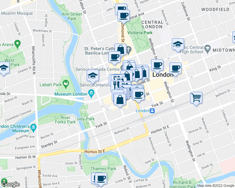 map of restaurants, bars, coffee shops, grocery stores, and more near 105 King Street in London