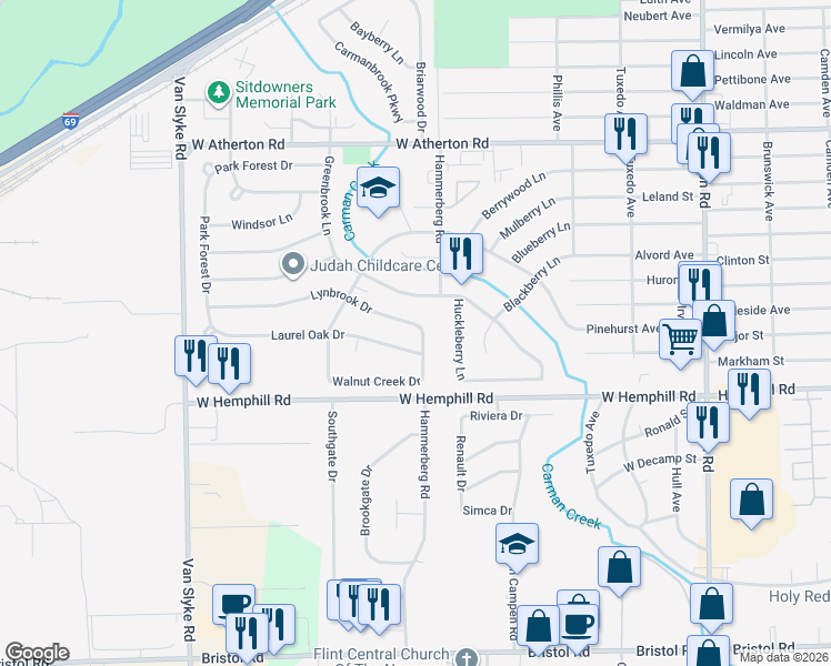 map of restaurants, bars, coffee shops, grocery stores, and more near 1702 Laurel Oak Drive in Flint