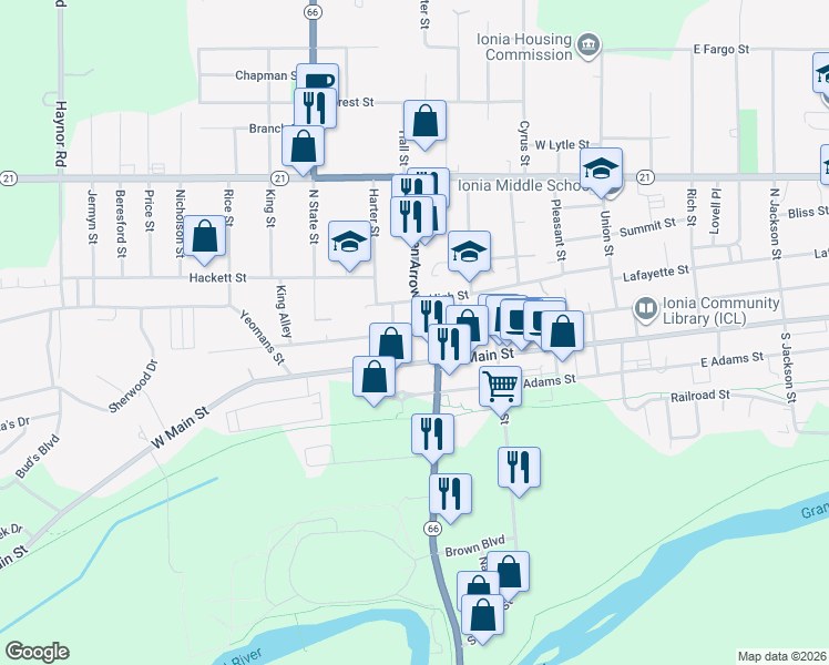 map of restaurants, bars, coffee shops, grocery stores, and more near 121 North Dexter Street in Ionia