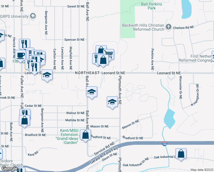 map of restaurants, bars, coffee shops, grocery stores, and more near 1700 Leonard St NE in Grand Rapids