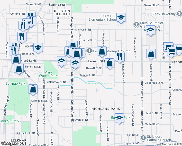 map of restaurants, bars, coffee shops, grocery stores, and more near 1050 Union Avenue Northeast in Grand Rapids