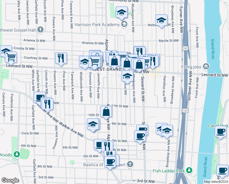map of restaurants, bars, coffee shops, grocery stores, and more near 1028 Alpine Avenue Northwest in Grand Rapids