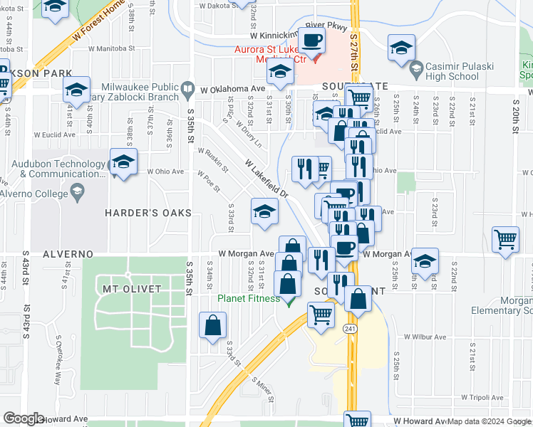 map of restaurants, bars, coffee shops, grocery stores, and more near 3448 South 32nd Street in Milwaukee