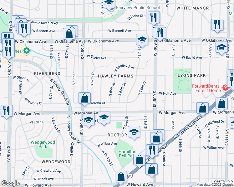 map of restaurants, bars, coffee shops, grocery stores, and more near 3423 South 64th Street in Milwaukee