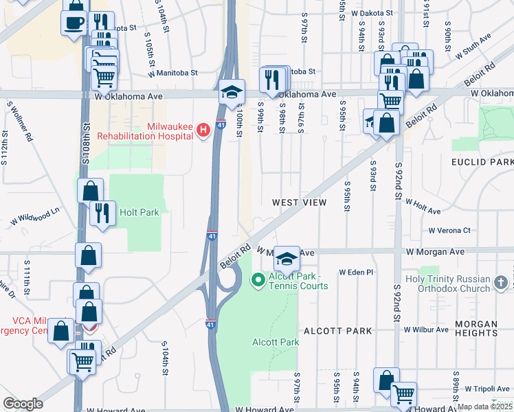 map of restaurants, bars, coffee shops, grocery stores, and more near 3319 South 99th Court in Milwaukee