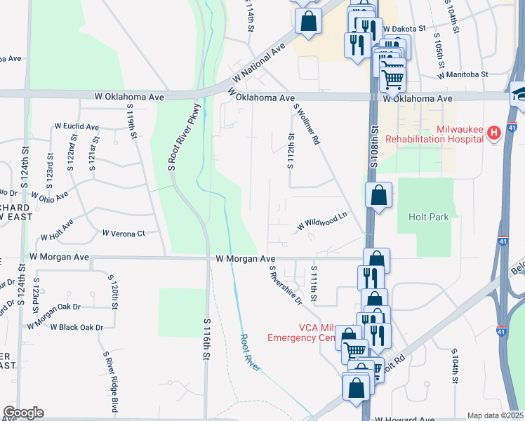 map of restaurants, bars, coffee shops, grocery stores, and more near 3407 South 113th Street in West Allis