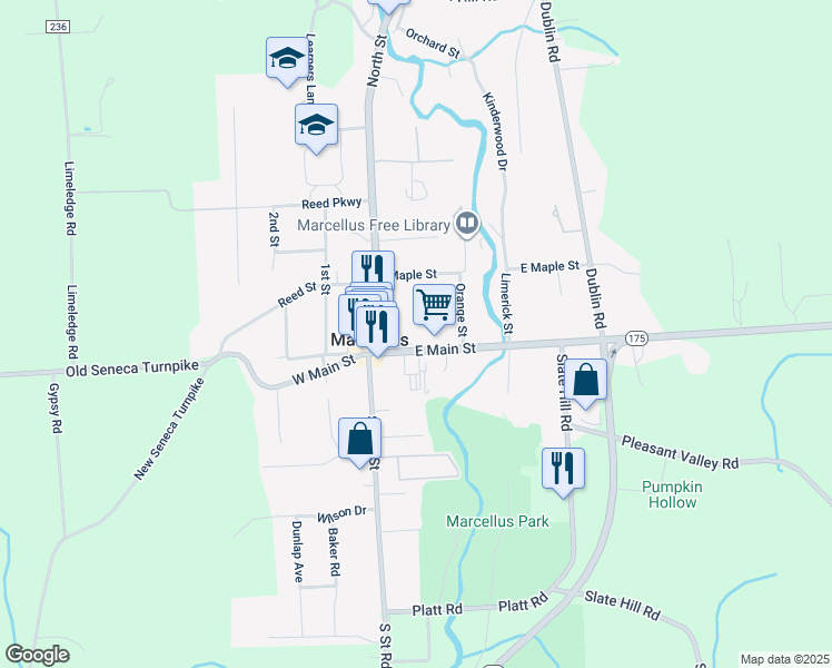 map of restaurants, bars, coffee shops, grocery stores, and more near 7 East Main Street in Marcellus