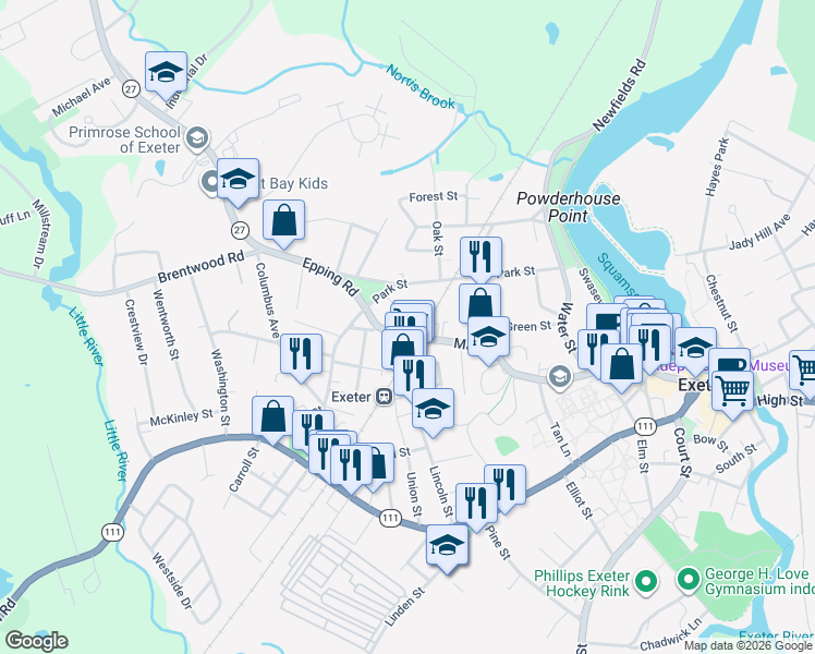 map of restaurants, bars, coffee shops, grocery stores, and more near 83 Main Street in Exeter