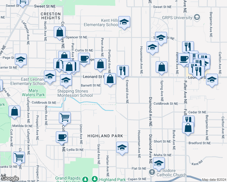 map of restaurants, bars, coffee shops, grocery stores, and more near 1109 Eastern Avenue Northeast in Grand Rapids