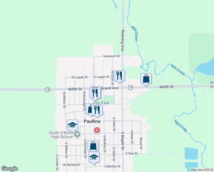 map of restaurants, bars, coffee shops, grocery stores, and more near 201-299 North Mickley Street in Paullina