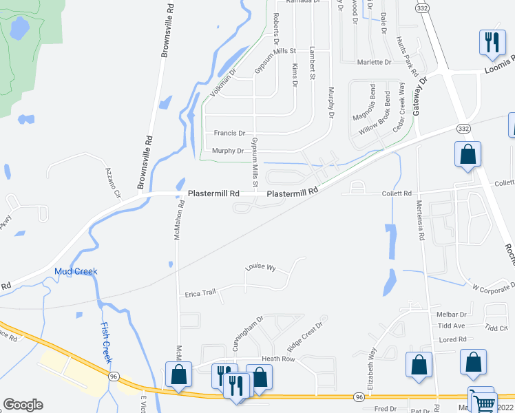 map of restaurants, bars, coffee shops, grocery stores, and more near 6351 Winding Creek Way in Victor
