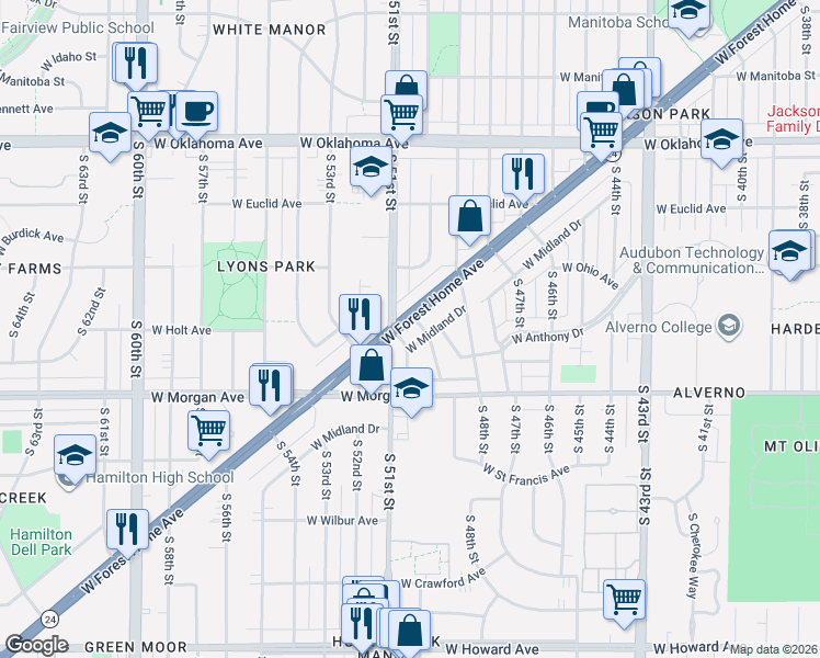 map of restaurants, bars, coffee shops, grocery stores, and more near 3409 South Crandon Place in Greenfield