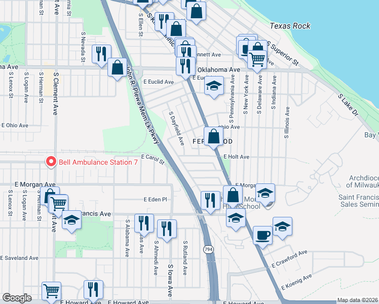 map of restaurants, bars, coffee shops, grocery stores, and more near 2045 East Holt Avenue in Milwaukee