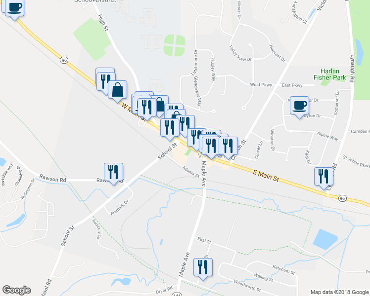 map of restaurants, bars, coffee shops, grocery stores, and more near 49 West Main Street in Victor