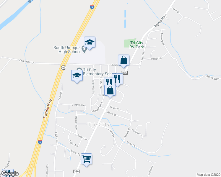 map of restaurants, bars, coffee shops, grocery stores, and more near 226 Mountain View Avenue in Myrtle Creek