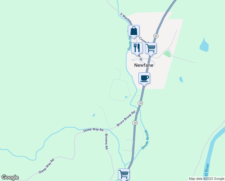 map of restaurants, bars, coffee shops, grocery stores, and more near 69 Loop Road in Newfane