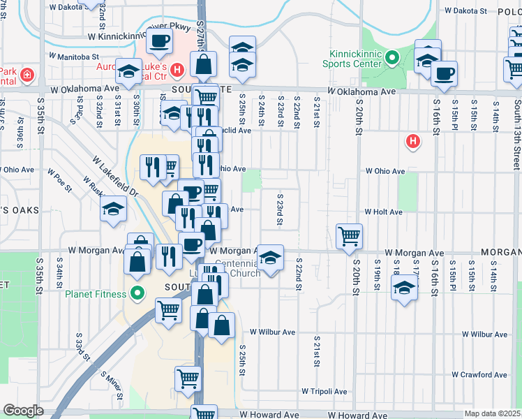 map of restaurants, bars, coffee shops, grocery stores, and more near 3401 South 24th Street in Milwaukee