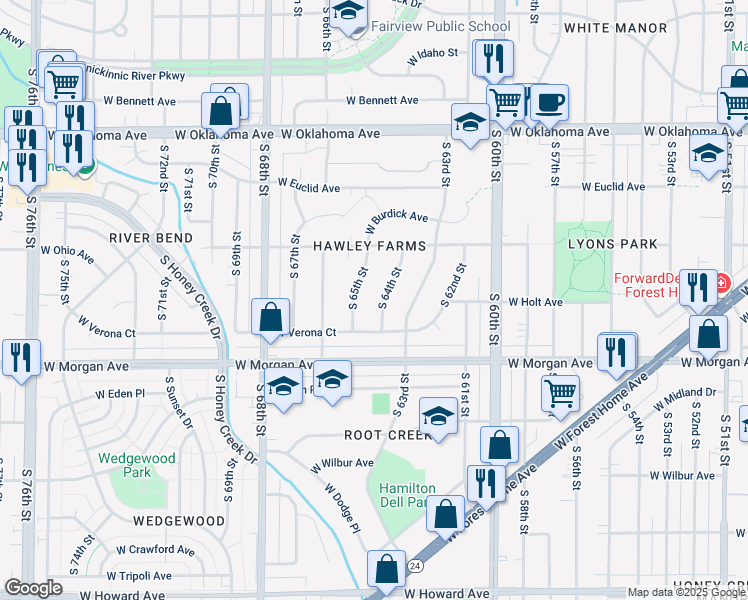 map of restaurants, bars, coffee shops, grocery stores, and more near 3423 South 64th Street in Milwaukee