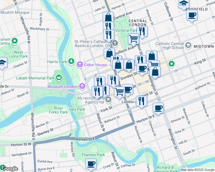 map of restaurants, bars, coffee shops, grocery stores, and more near 117 Dundas Street in London