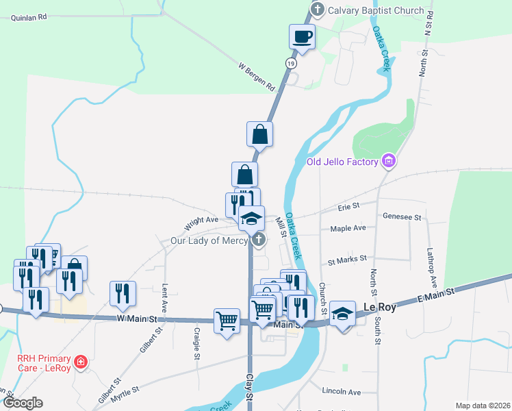 map of restaurants, bars, coffee shops, grocery stores, and more near 78 Lake Street in Le Roy