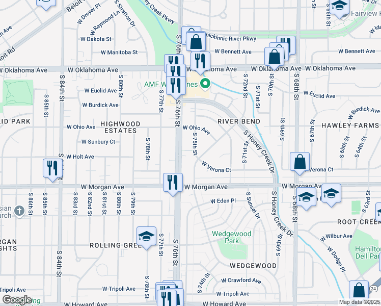 map of restaurants, bars, coffee shops, grocery stores, and more near 3415 South 75th Street in Milwaukee