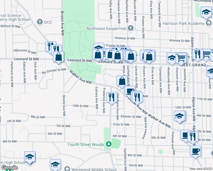 map of restaurants, bars, coffee shops, grocery stores, and more near 1315 Walker Avenue Northwest in Grand Rapids