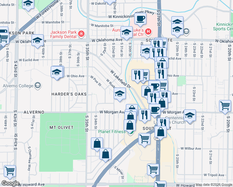 map of restaurants, bars, coffee shops, grocery stores, and more near 3448 South 32nd Street in Milwaukee
