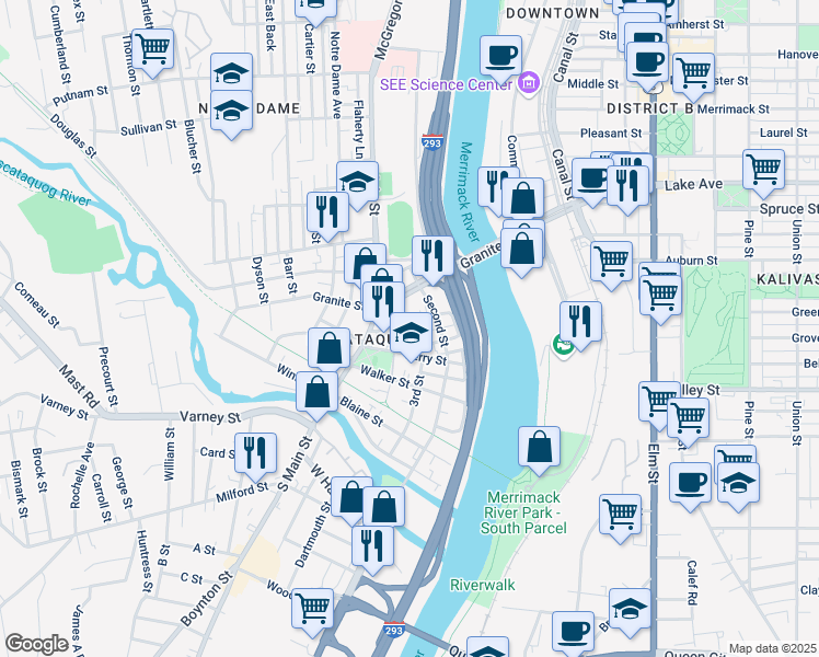 map of restaurants, bars, coffee shops, grocery stores, and more near 11 3rd Street in Manchester