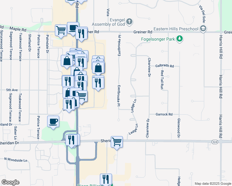 map of restaurants, bars, coffee shops, grocery stores, and more near 5002 Eastbrooke Place in Buffalo