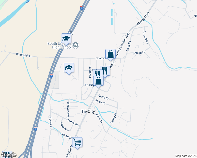 map of restaurants, bars, coffee shops, grocery stores, and more near 226 Irving Street in Myrtle Creek