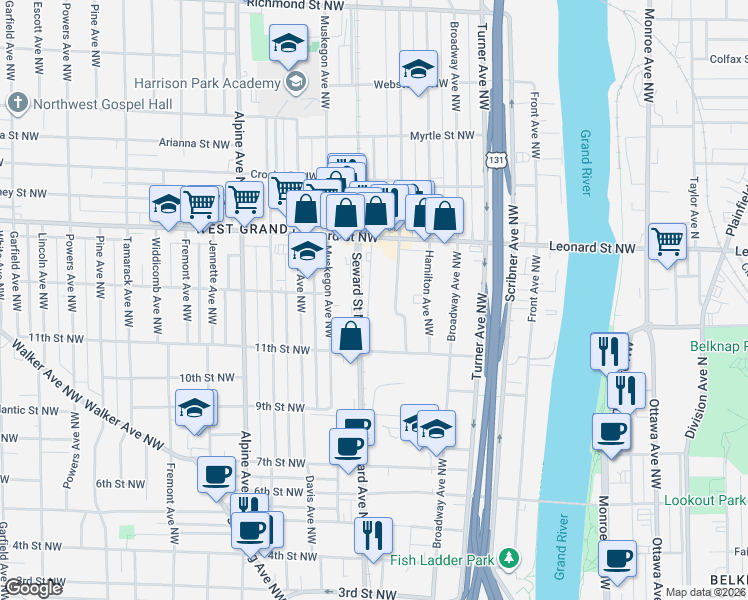 map of restaurants, bars, coffee shops, grocery stores, and more near 1066 Elizabeth Avenue Northwest in Grand Rapids