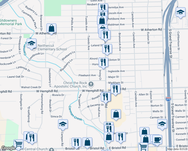 map of restaurants, bars, coffee shops, grocery stores, and more near 1113 Pinehurst Ave in Flint