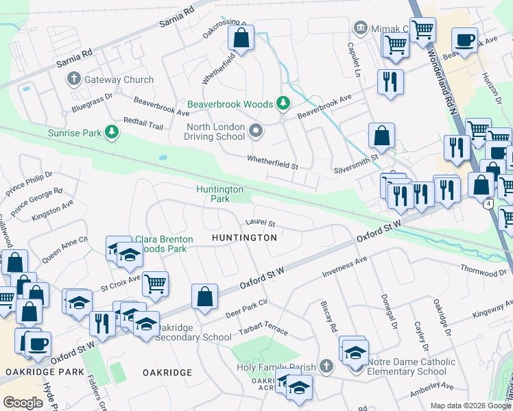 map of restaurants, bars, coffee shops, grocery stores, and more near 108 Laurel Crescent in London