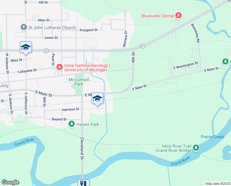 map of restaurants, bars, coffee shops, grocery stores, and more near East Main Street in Ionia
