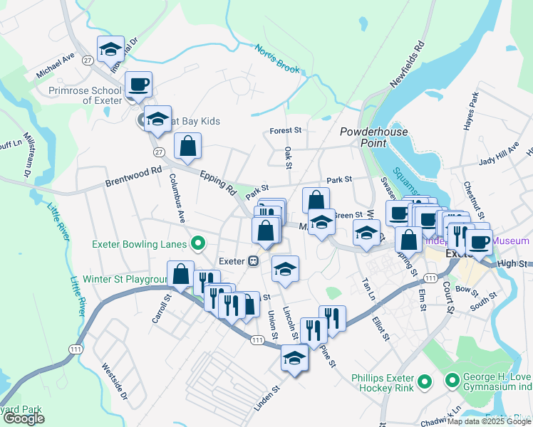 map of restaurants, bars, coffee shops, grocery stores, and more near 76 Lincoln Street in Exeter