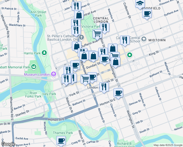 map of restaurants, bars, coffee shops, grocery stores, and more near in London