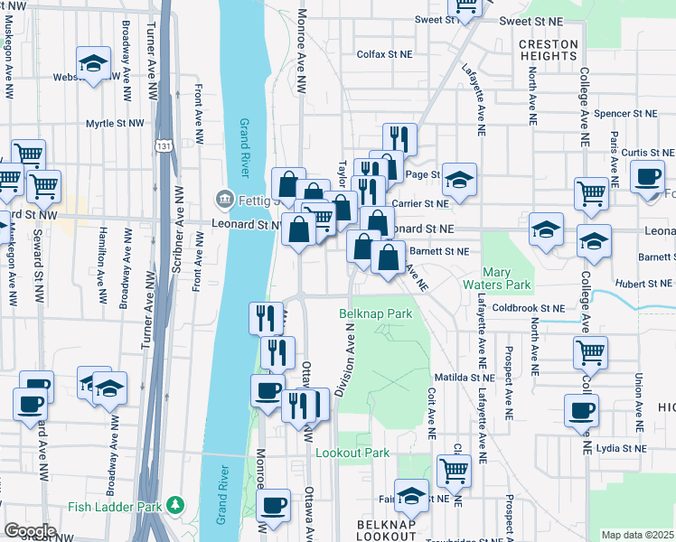 map of restaurants, bars, coffee shops, grocery stores, and more near 45 Coldbrook Street Northwest in Grand Rapids