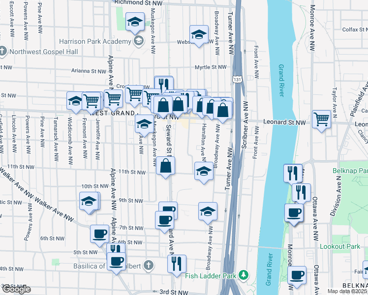 map of restaurants, bars, coffee shops, grocery stores, and more near 1035 Quarry Avenue Northwest in Grand Rapids