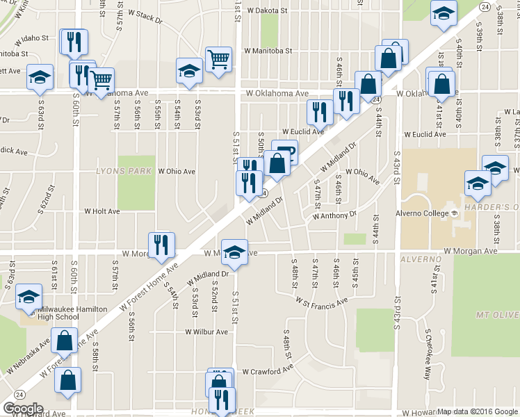 map of restaurants, bars, coffee shops, grocery stores, and more near 3409 South Crandon Place in Greenfield