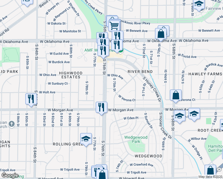 map of restaurants, bars, coffee shops, grocery stores, and more near 3415 South 75th Street in Milwaukee